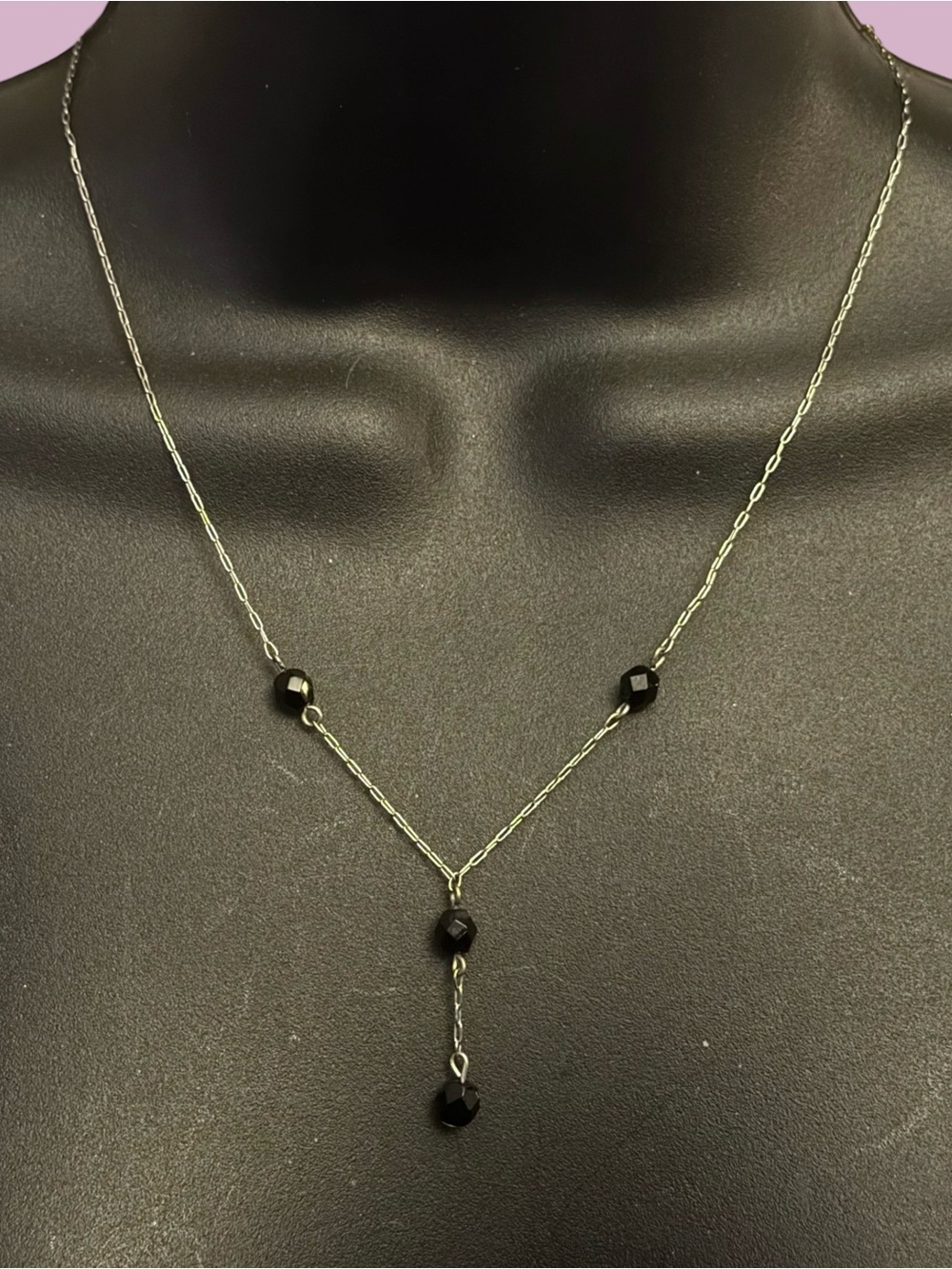 Vintage silver tone station black glass bead Y necklace
